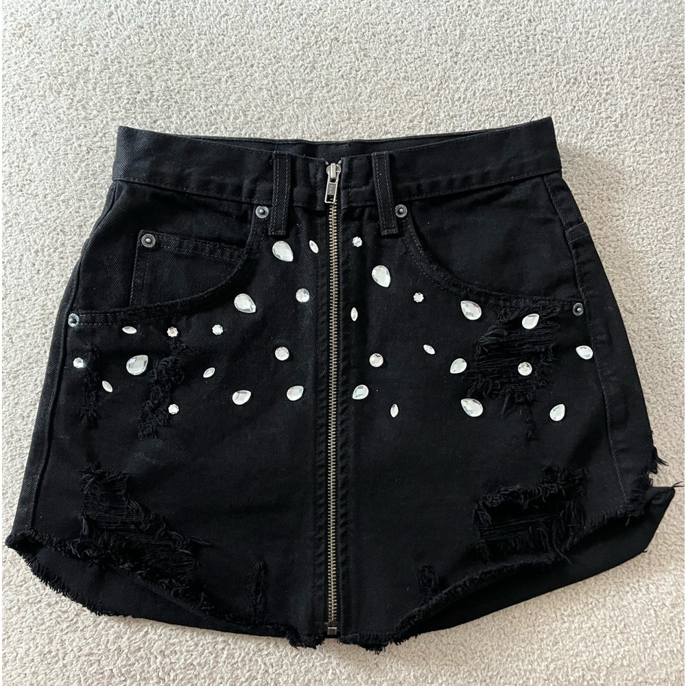 Carmar bejeweled studded denim micro mini skirt
